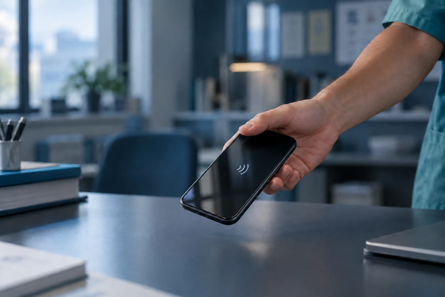 Detalle ilustrativo de la mano de un residente sosteniendo un móvil para representar el gesto de acceso NFC